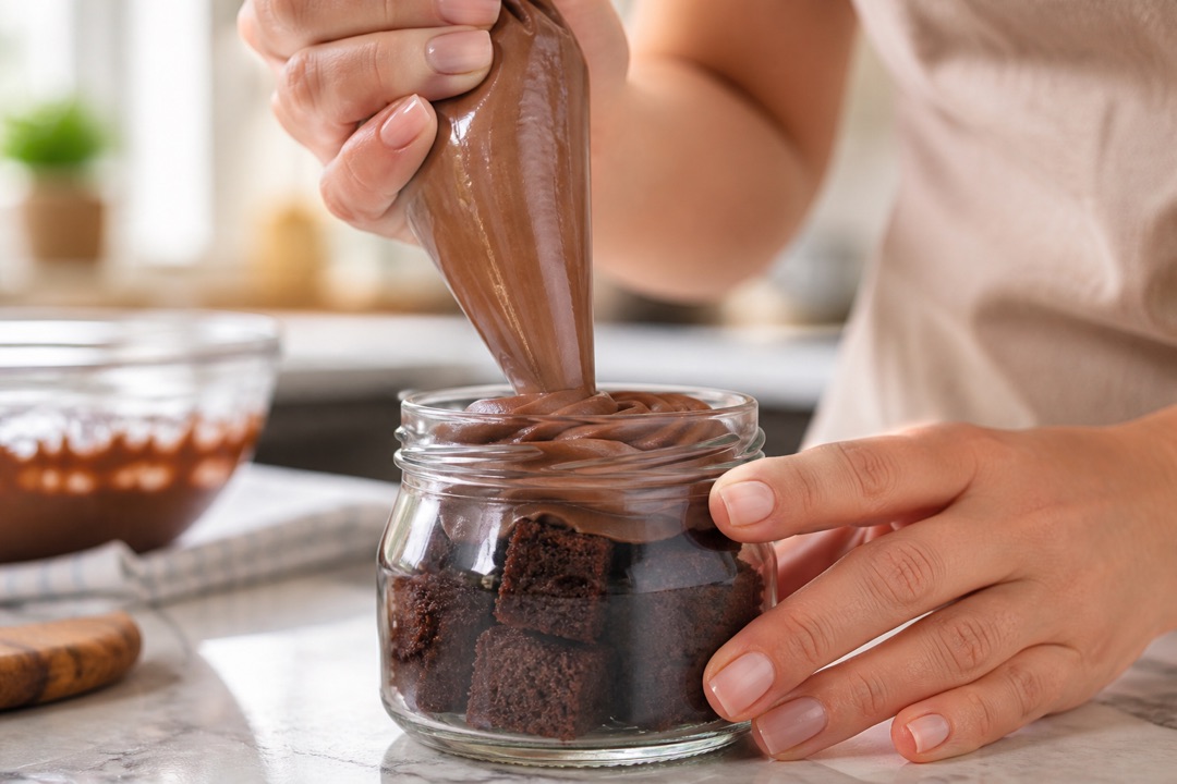 Mãos montando um bolo de pote com saco de confeitar, camada de brigadeiro sobre bolo de chocolate